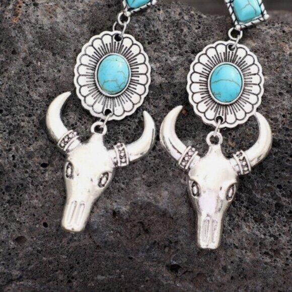 Athena Galore Jewelry - Blue and Silver Western Cowboy Turquoise Tauren Earrings Bohemian